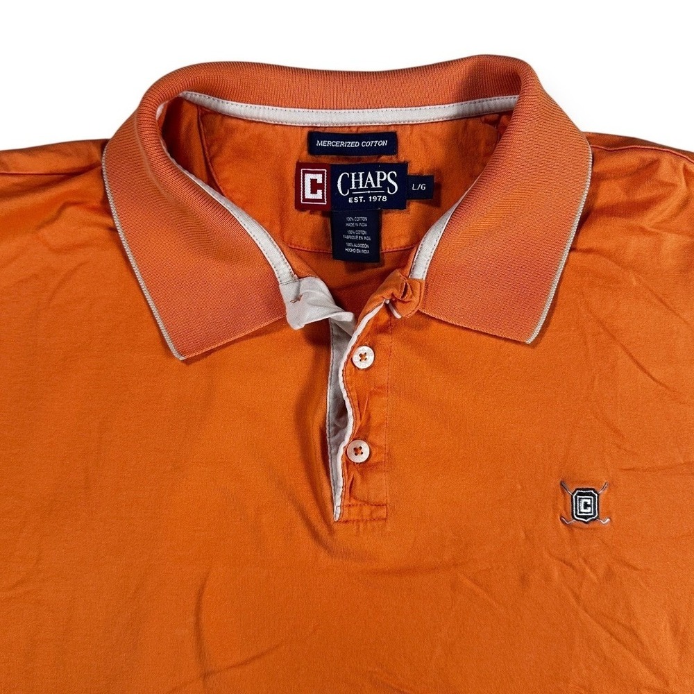 Chaps Mens Mercerized Cotton Polo Large Orange Short Sleeve Golf Crest Logo‎
